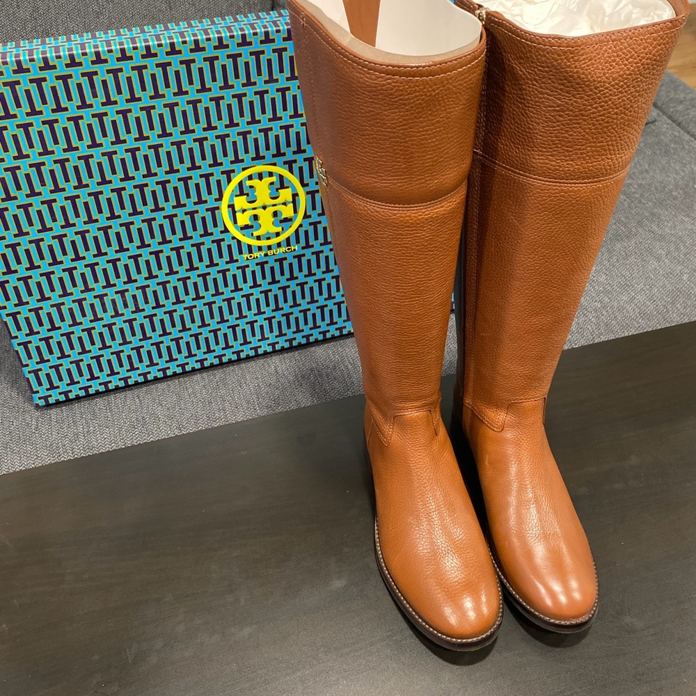 Tory Burch Tall Leather Riding Boots in Cognac Brown